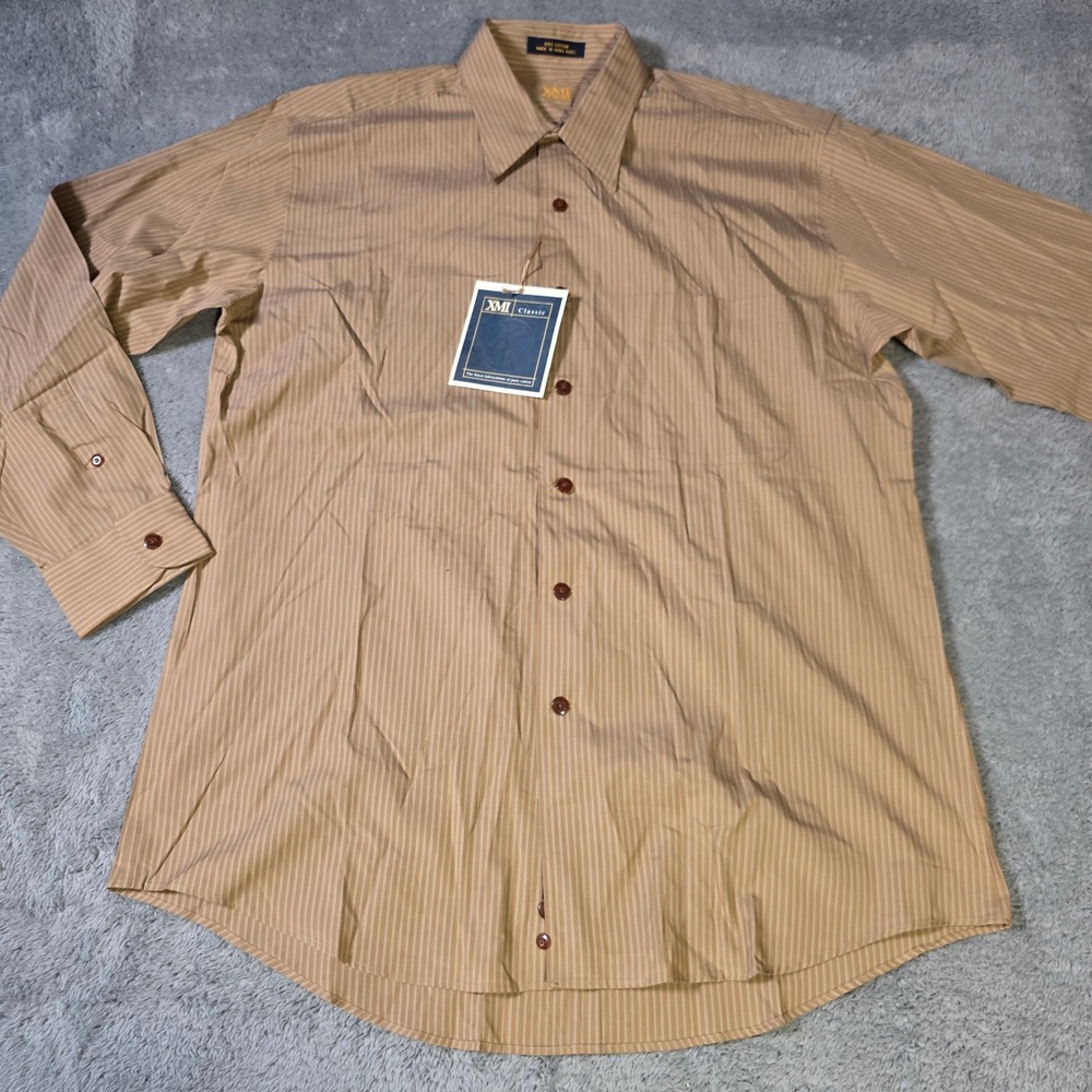XMI Mens 16x33 Dress Shirt Tan Striped Cotton Long Sleeve RL2002 Classic Fit